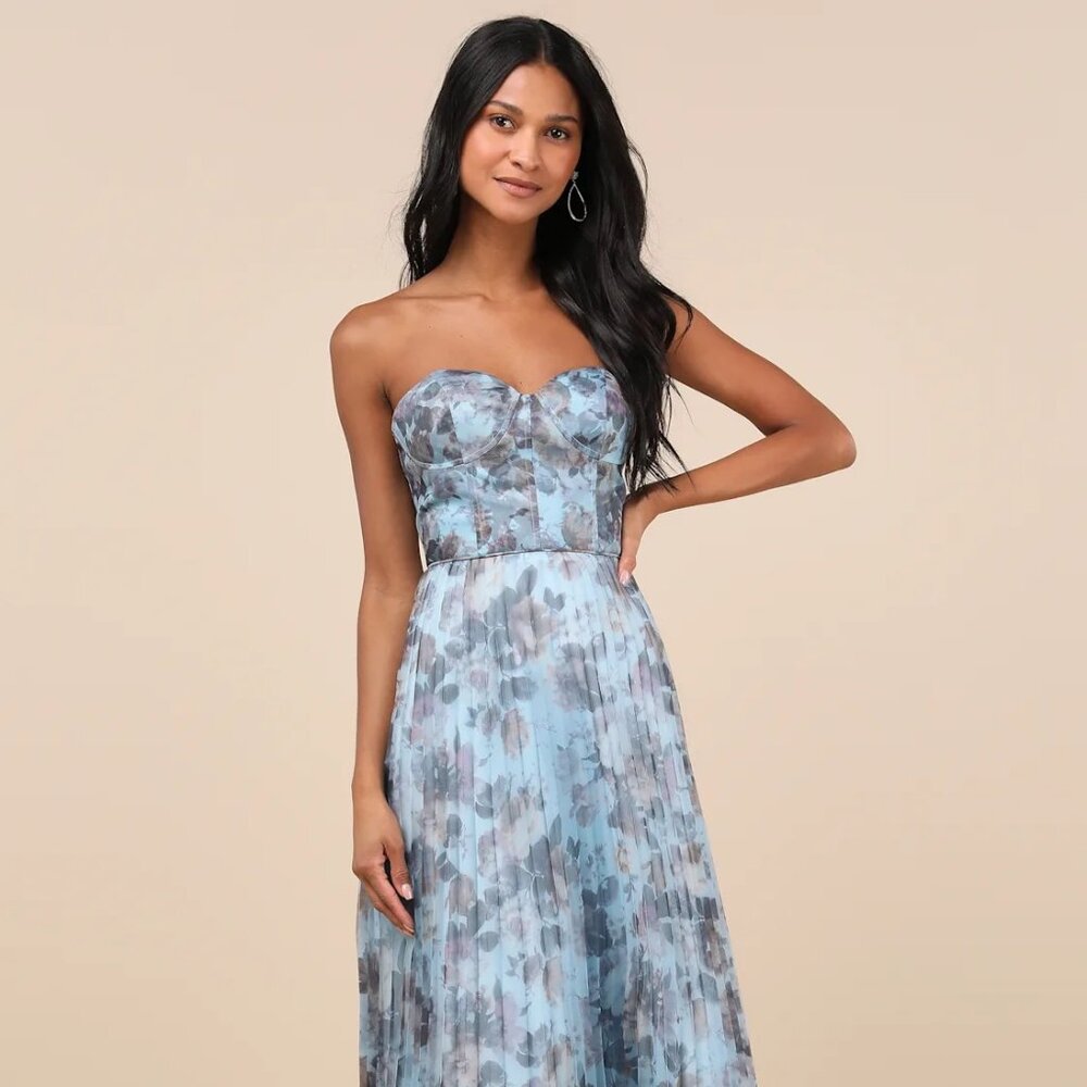 Most Beautiful Day Blue Multi Floral Print Organza Maxi Dress - NEVER BEEN WORN